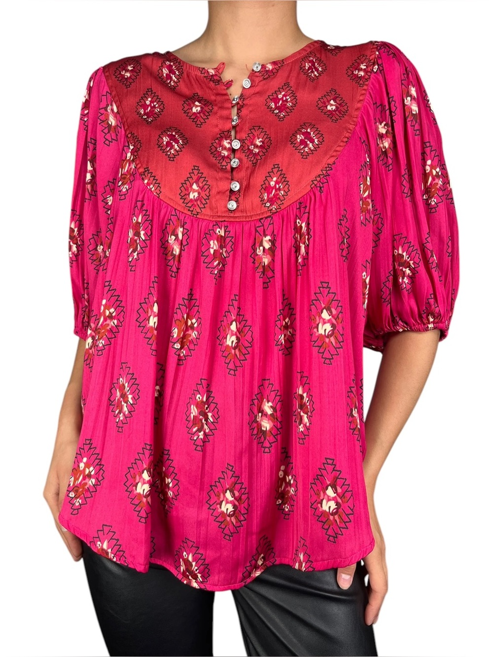 By Anthropologie Magenta Pink & Red Ikat Floral Puff Sleeve Blouse, Size XL